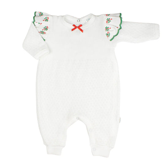 Paty Knit Angel Sleeve Romper with Swiss Candy Cane Trim