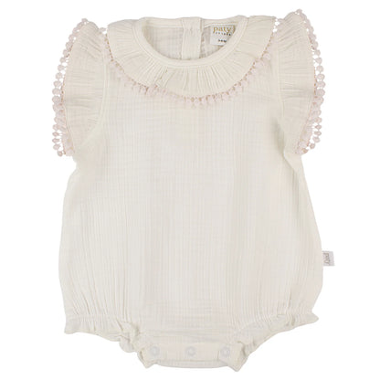 Paty Organic Cotton Muslin Baby Girl Bubble with Pom Trim