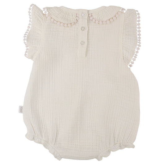 Paty Organic Cotton Muslin Baby Girl Bubble with Pom Trim