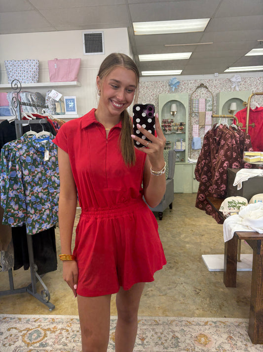 RED SHORT SLEEVE QUARTER ZIP ROMPER