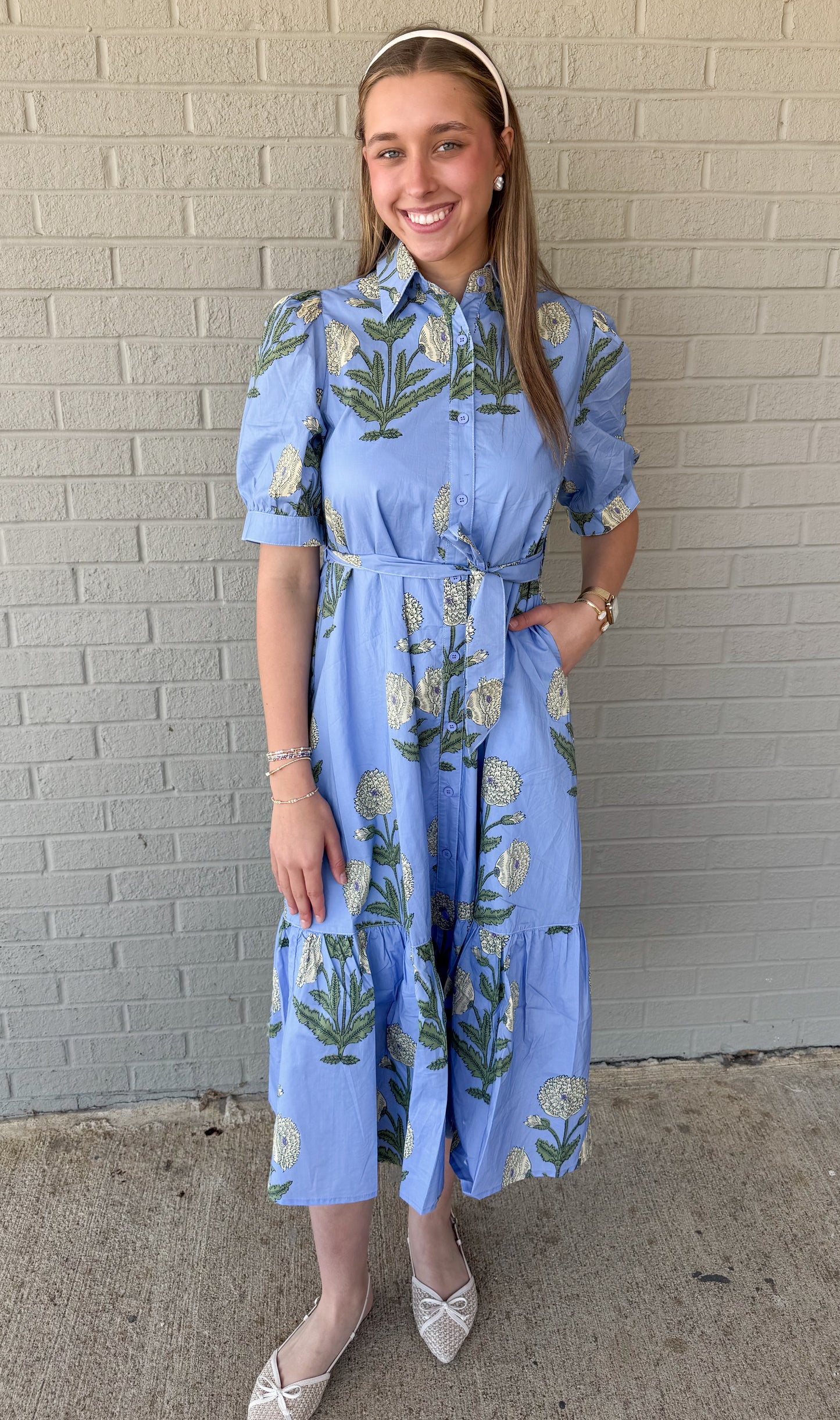 Button Down Poplin Coastal Print Midi Dress