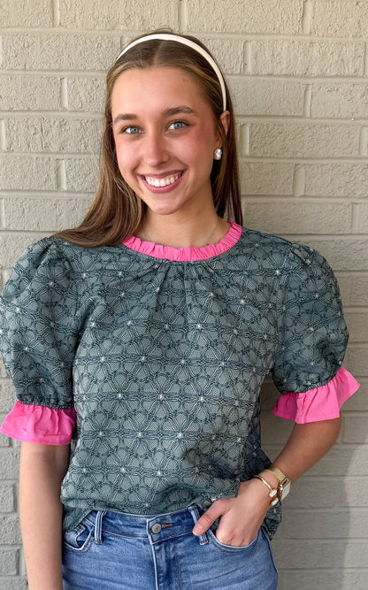 Contrast Ruffled Neck And Sleeve Floral Top
