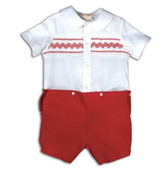 White & Red Smocked Button Short Set