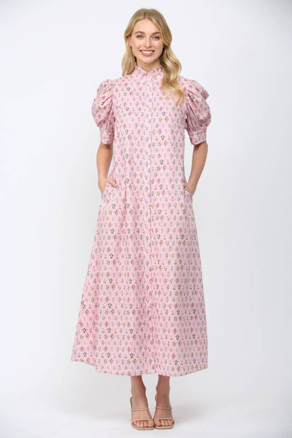 FLORAL HIGH RUFFLED MOCK NECK BUTTON DOWN MAXI DRESS FD32356