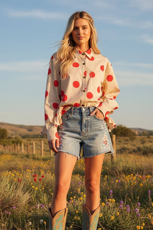 Polka Dot Ruffle Hem Long Sleeve Shirt