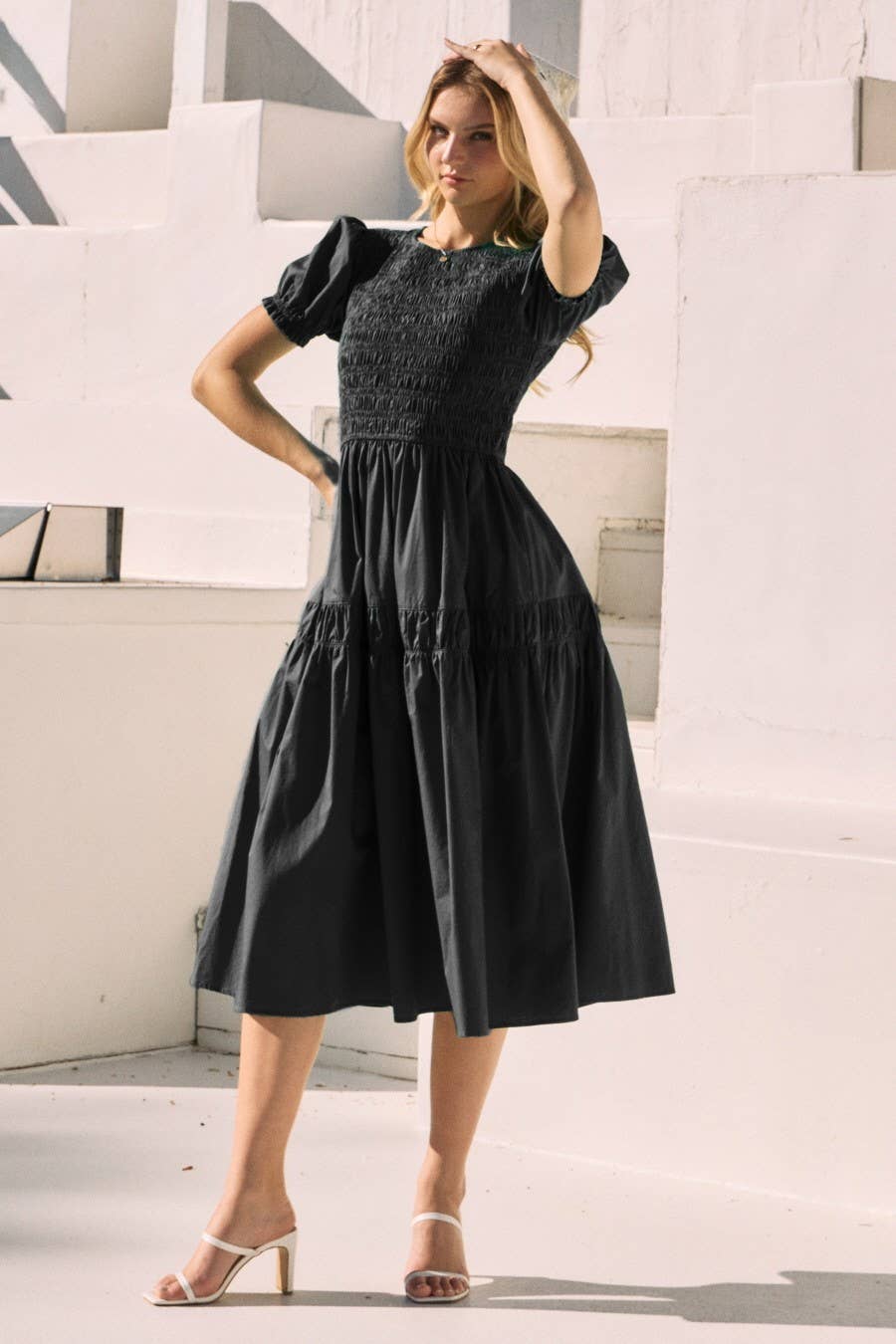 Plus Solid Poplin Smocked Bodice Midi Dress